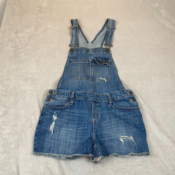 Mossimo Woman's Short Overalls M Distressed Denim Adjustable Straps Pockets - Picture 9 of 9